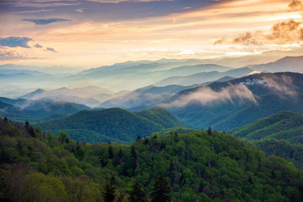 The great smoky mountains at sunset.