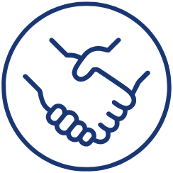 A blue handshake icon in a circle.
