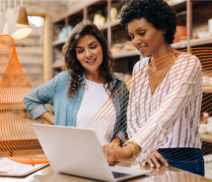 Two women looking at a laptop in a store.